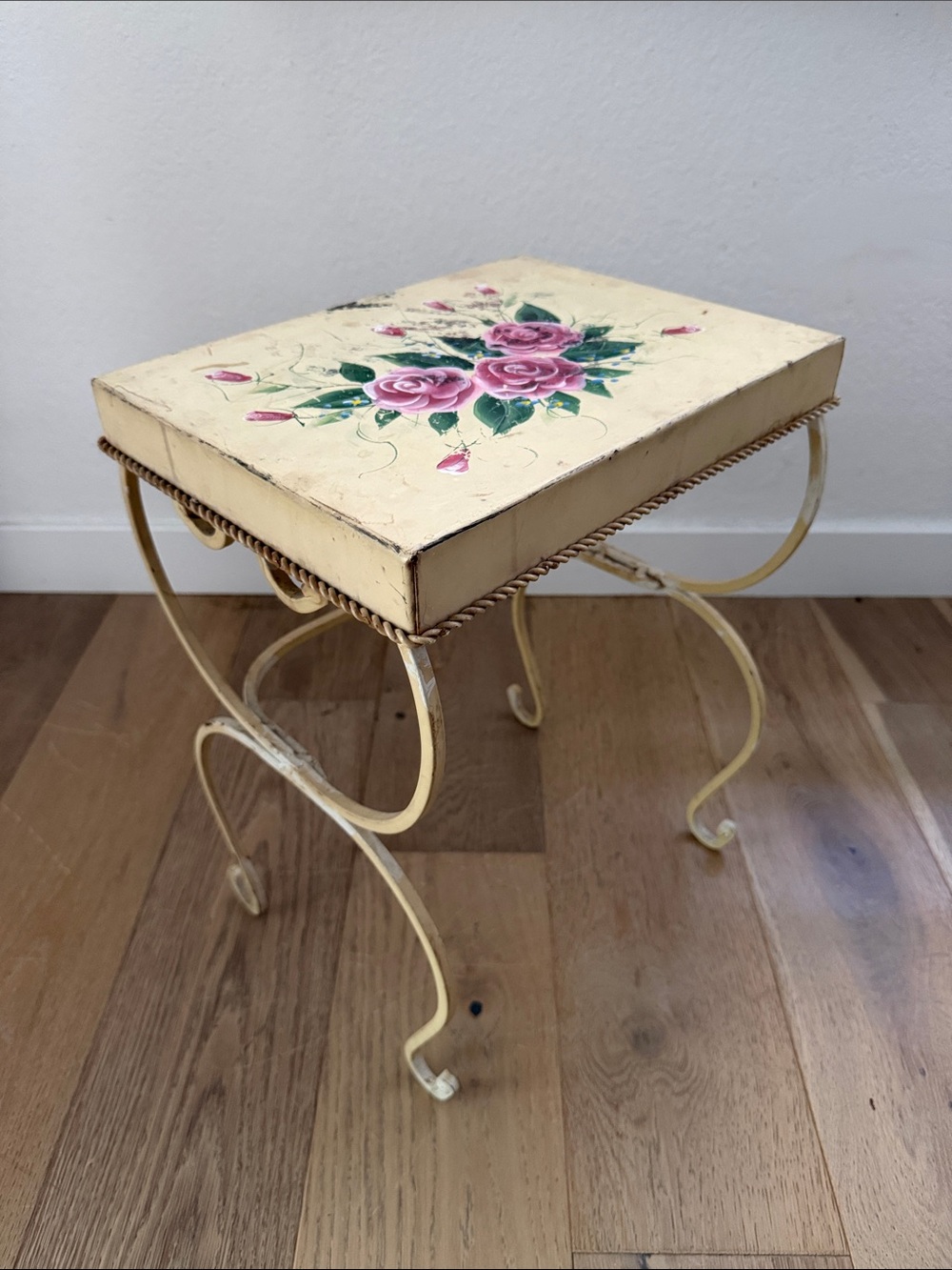 Vintage French Floral Metal Accent Table - hand painted. Shabby chic